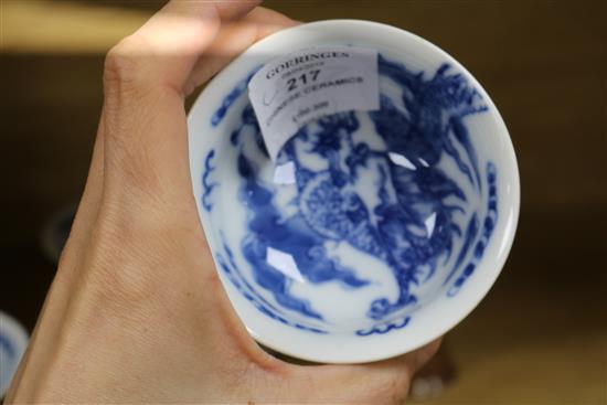 Four Chinese cafe au lait glazed stem cups and two bowls and a blue and white tea caddy tallest 11.5cm